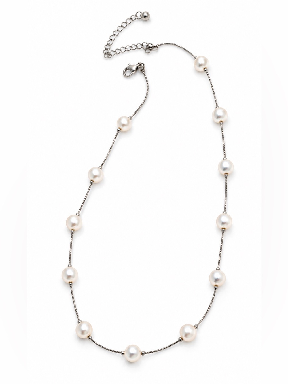 Pearl Station Silver Chain Necklace - Elegant White Pearls